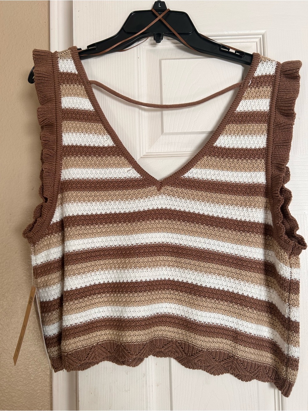 Striped Brown & Cream Knit Ruffle-Shoulder Crop Top